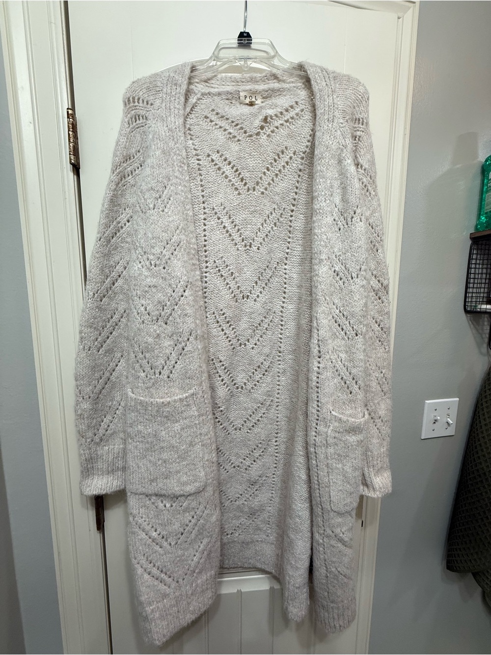 POL Open-Front Pointelle Knit Cardigan in Light Cream